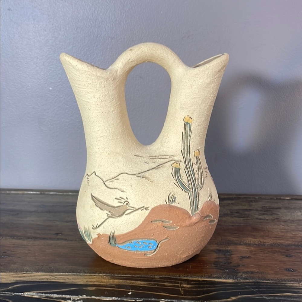 Handcrafted wine decanter or vase - in desert them with roadrunner and cactus!